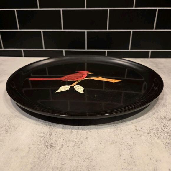 Couroc of Monterey Red Cardinal Bird on Branch Round Black Tray Platter 10½" GUC - Picture 9 of 11